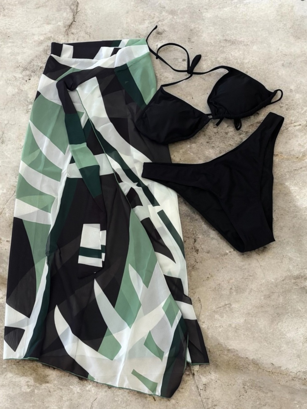 Black Bikini Set with Green & White Abstract Sarong